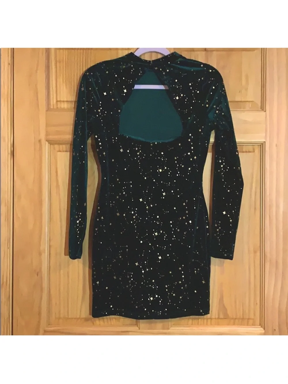 Nasty Gal Emerald Green Velvet Star-Print Long Sleeve Mini Dress - Picture 2 of 3